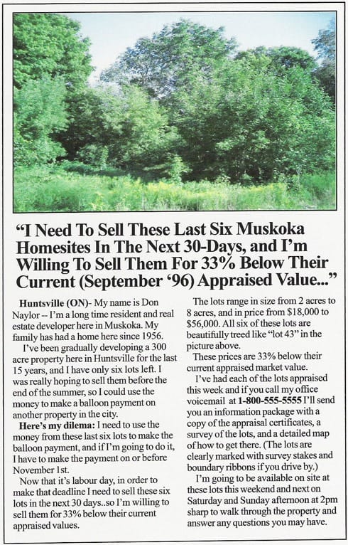 1996 newspaper-style real estate ad headlined 'I Need To Sell These Last Six Muskoka Homesites In The Next 30-Days, and I'm Willing To Sell Them For 33% Below Their Current Appraised Value'