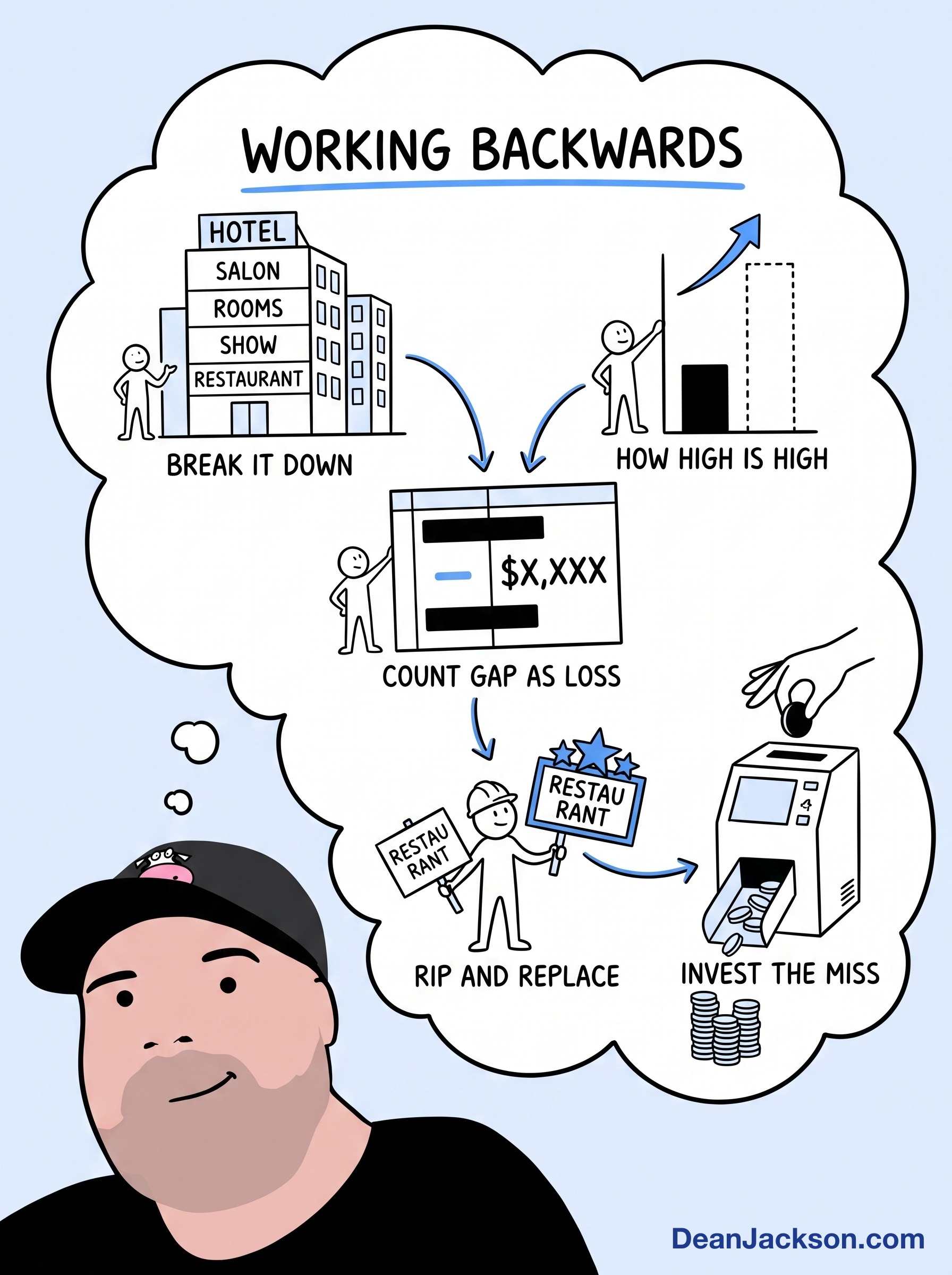 Episode 6 at a glance: Working backwards — key ideas illustrated as stick figures