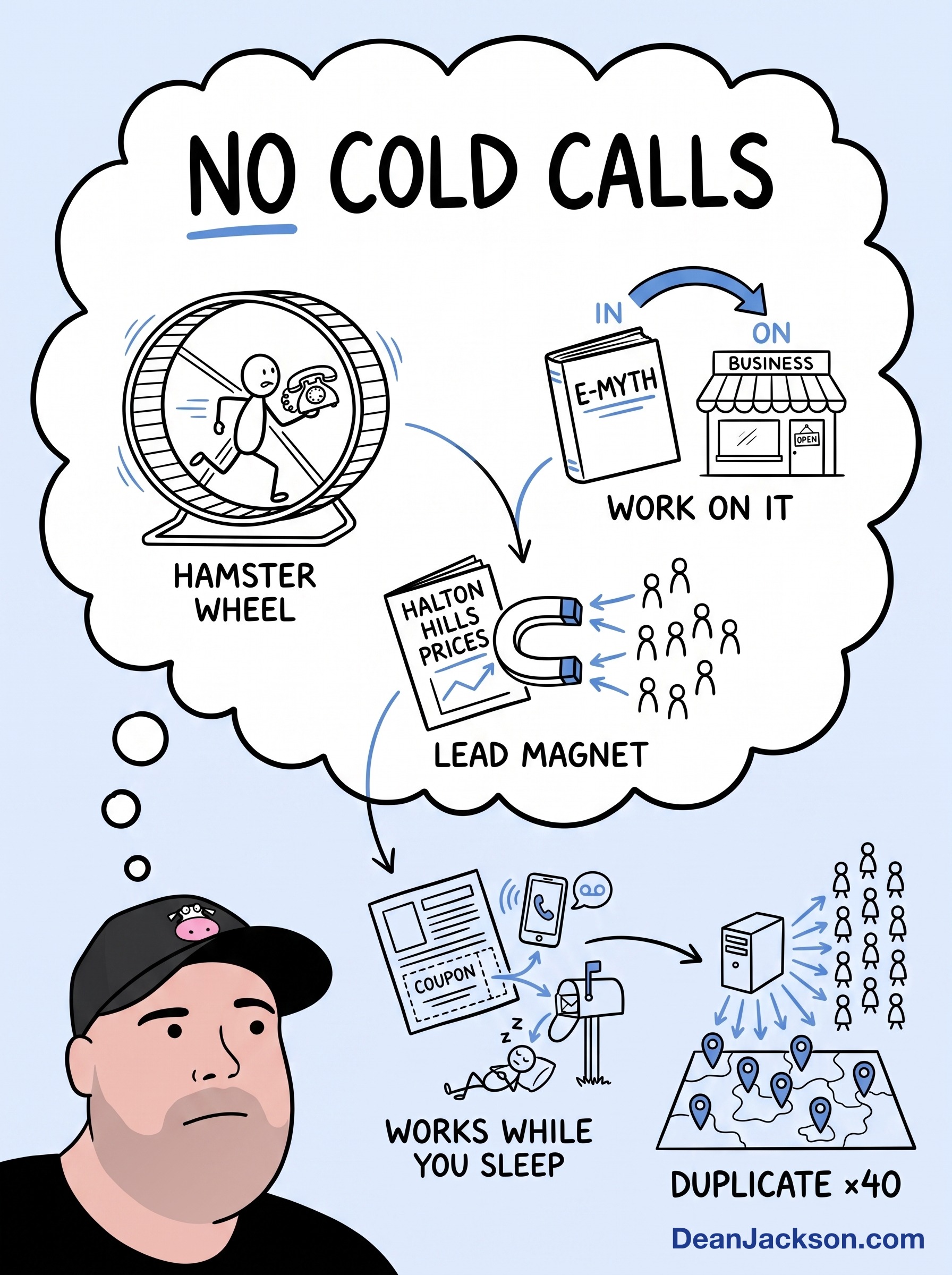 Episode 16 at a glance: I haven't made a cold call in 35 years… here's how — key ideas illustrated as stick figures