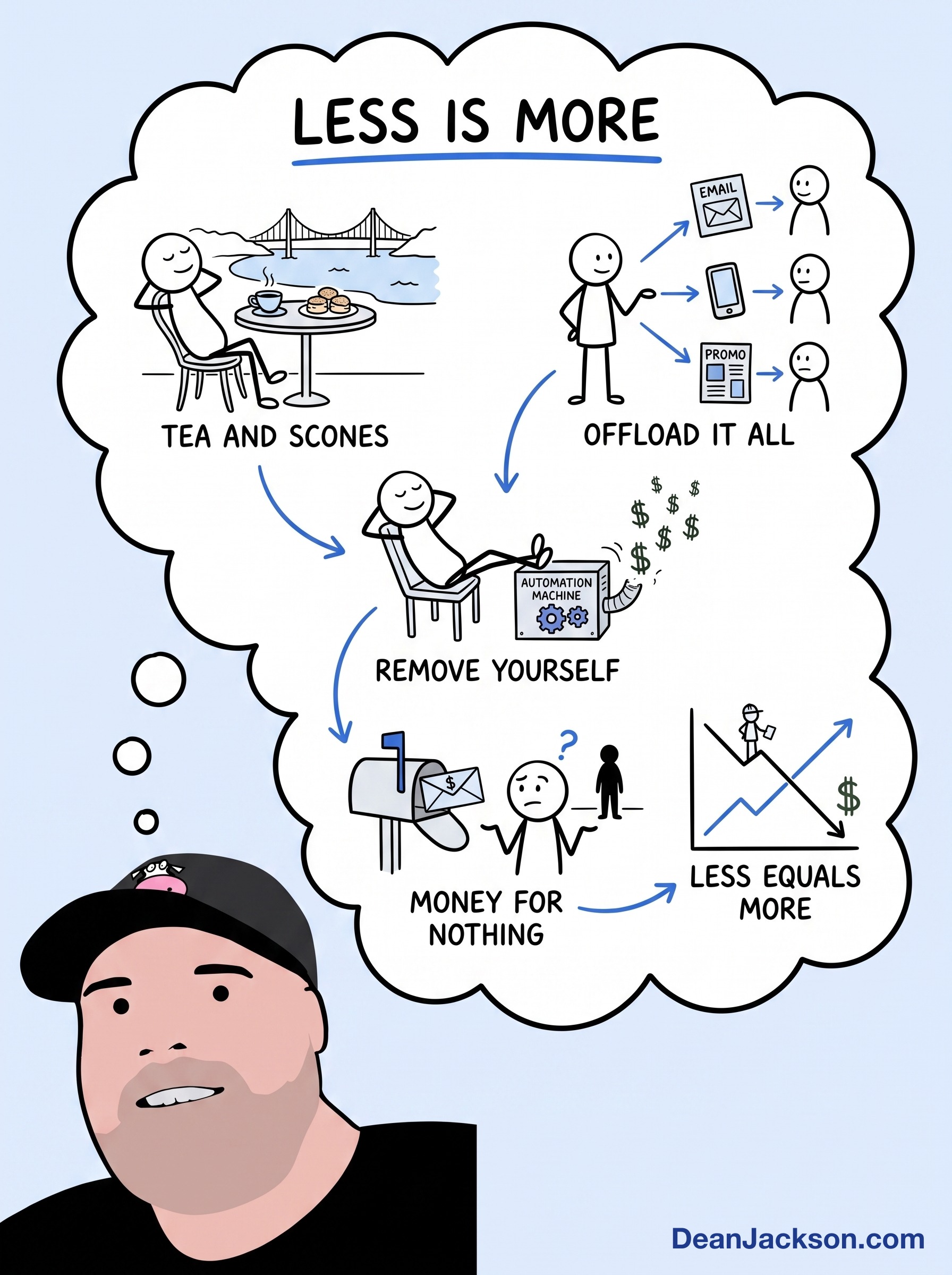 Episode 23 at a glance: The Less I Do, the Richer I Get. — key ideas illustrated as stick figures