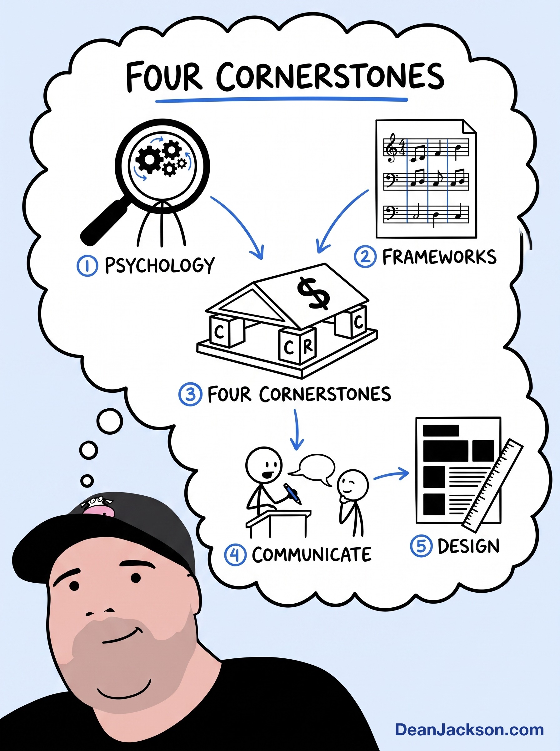 Episode 24 at a glance: Master These 4 Marketing Skills First... — key ideas illustrated as stick figures