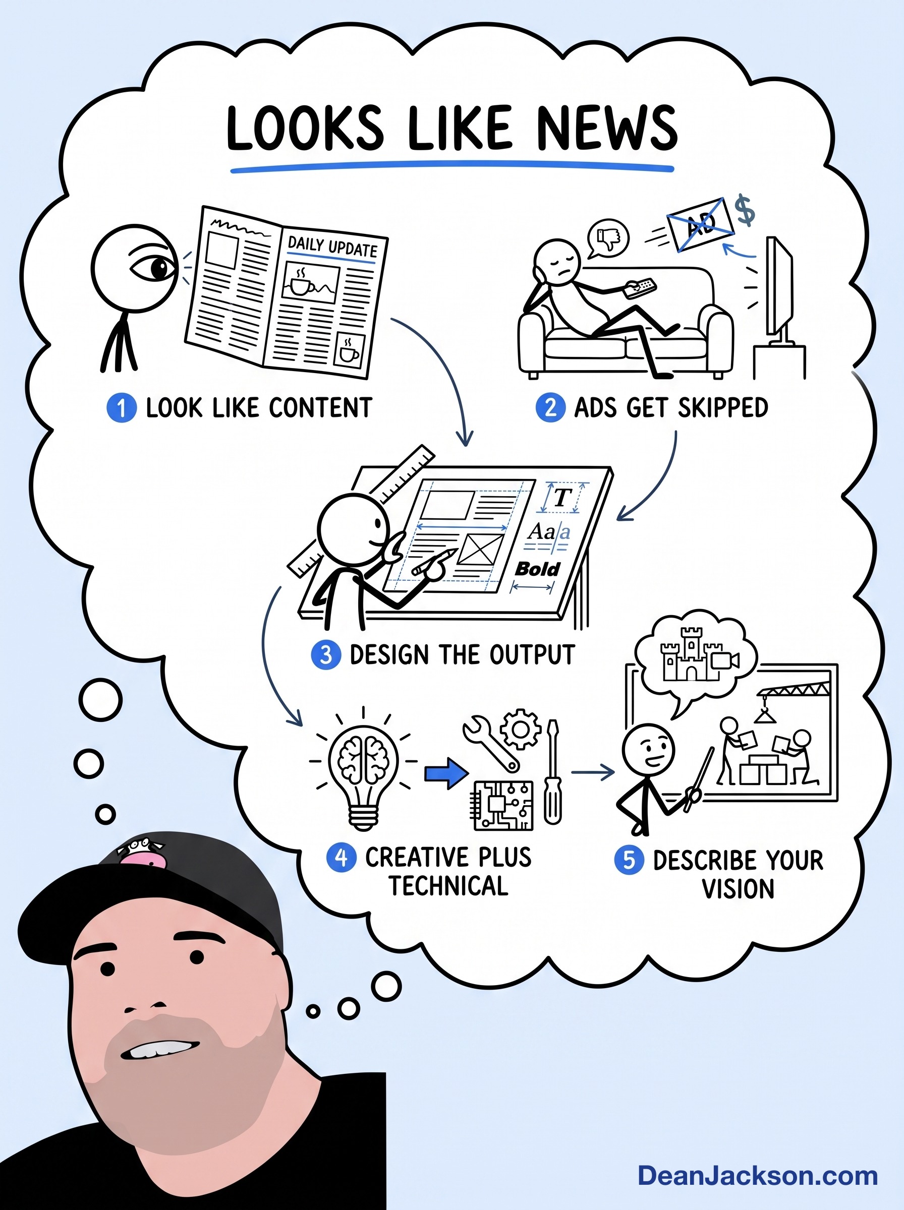 Episode 28 at a glance: Why the Best Marketers Make Ads That Don't Look Like Ads — key ideas illustrated as stick figures