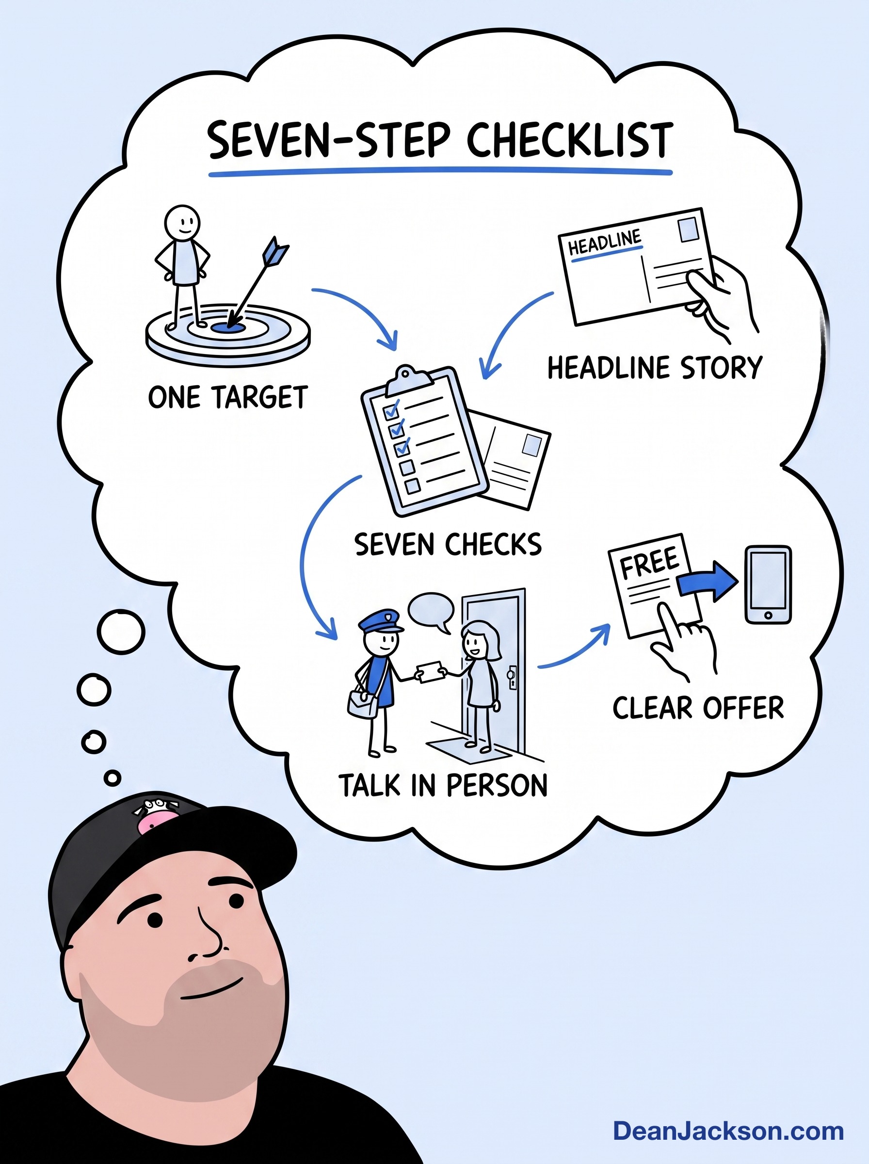 Episode 30 at a glance: A 7-Step Checklist That Instantly Improves Any Ad, Postcard, or Mailer — key ideas illustrated as stick figures