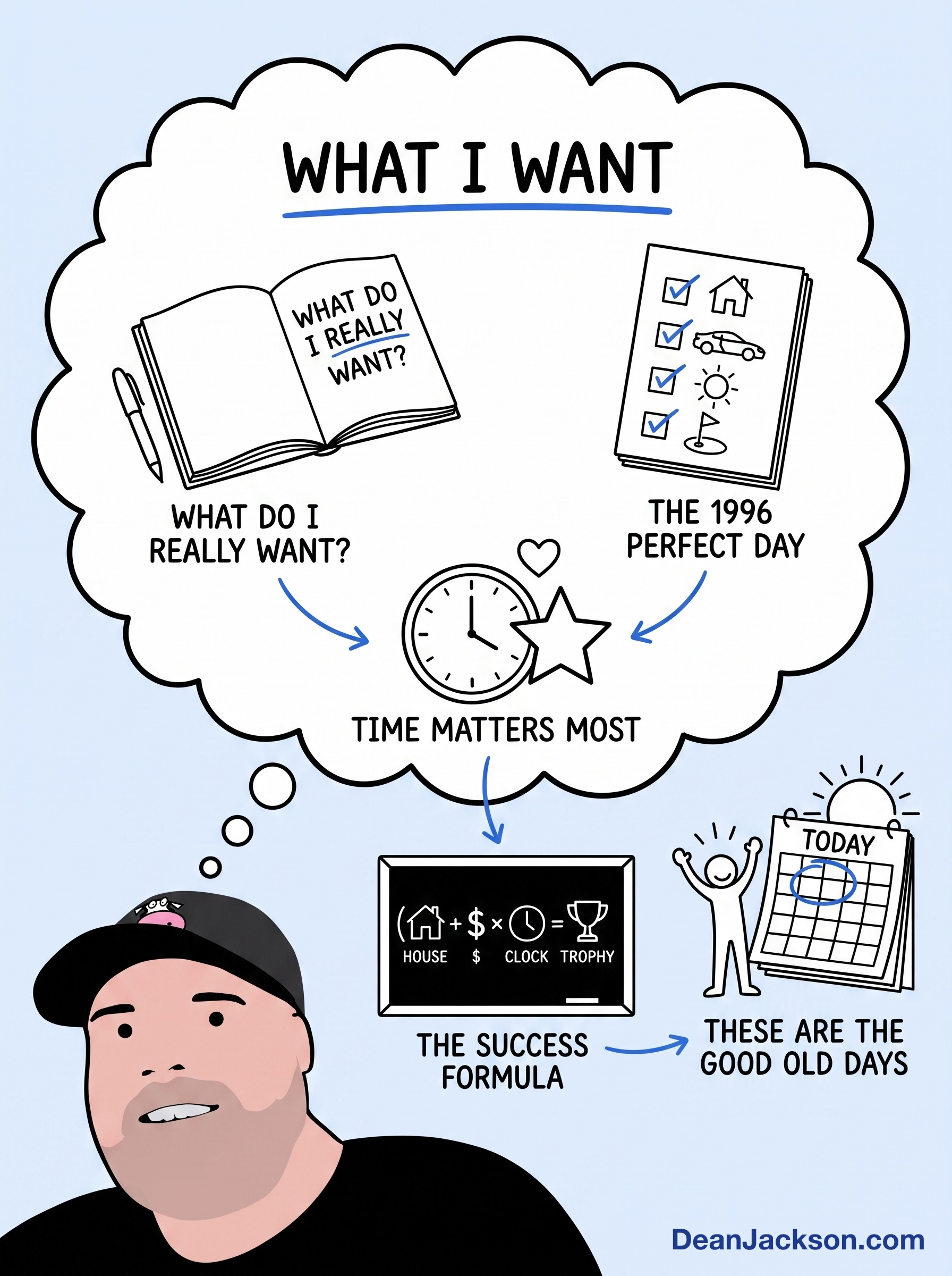 Episode 38 at a glance: (Great Lifestyle + Money) × Time to Enjoy It = True Success (to me..). Key ideas illustrated as stick figures