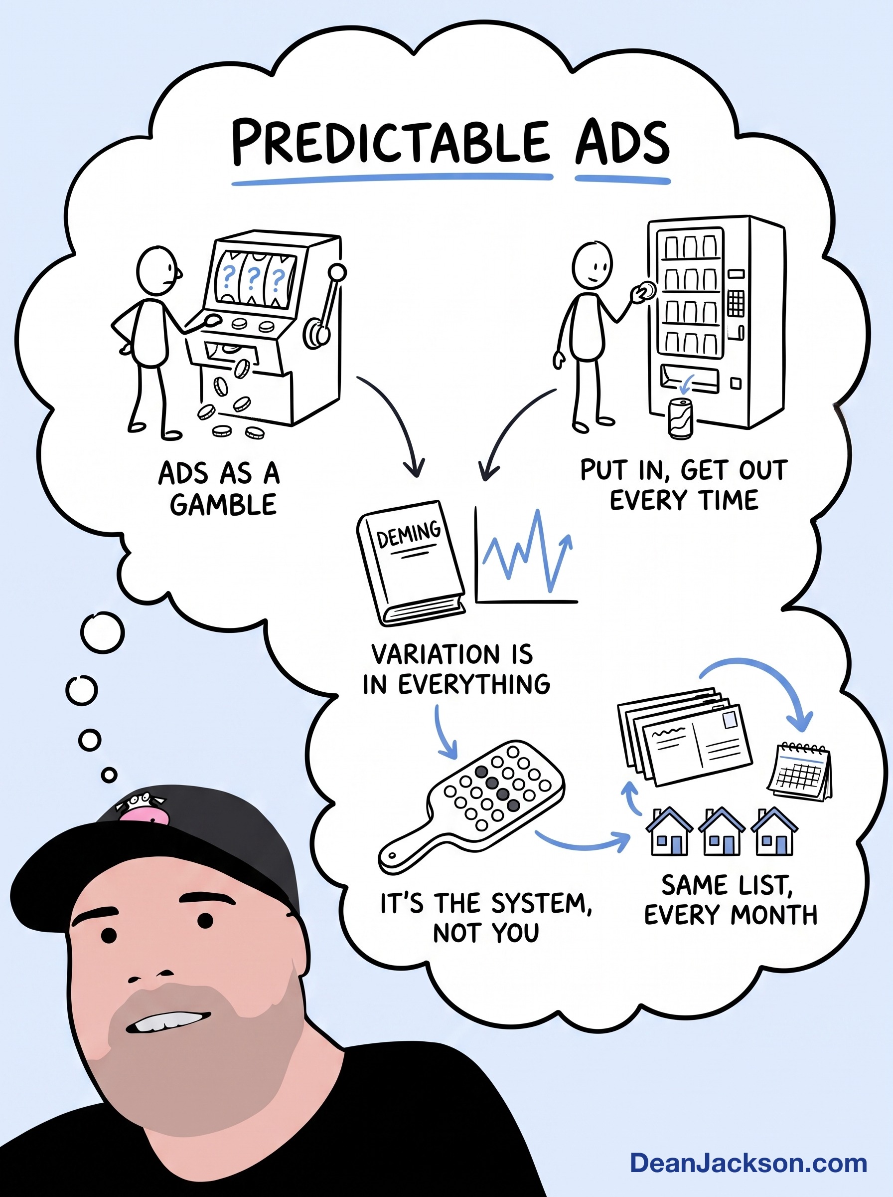 Episode 39 at a glance: How to Turn Your Advertising From a Slot Machine to a Vending Machine. Key ideas illustrated as stick figures