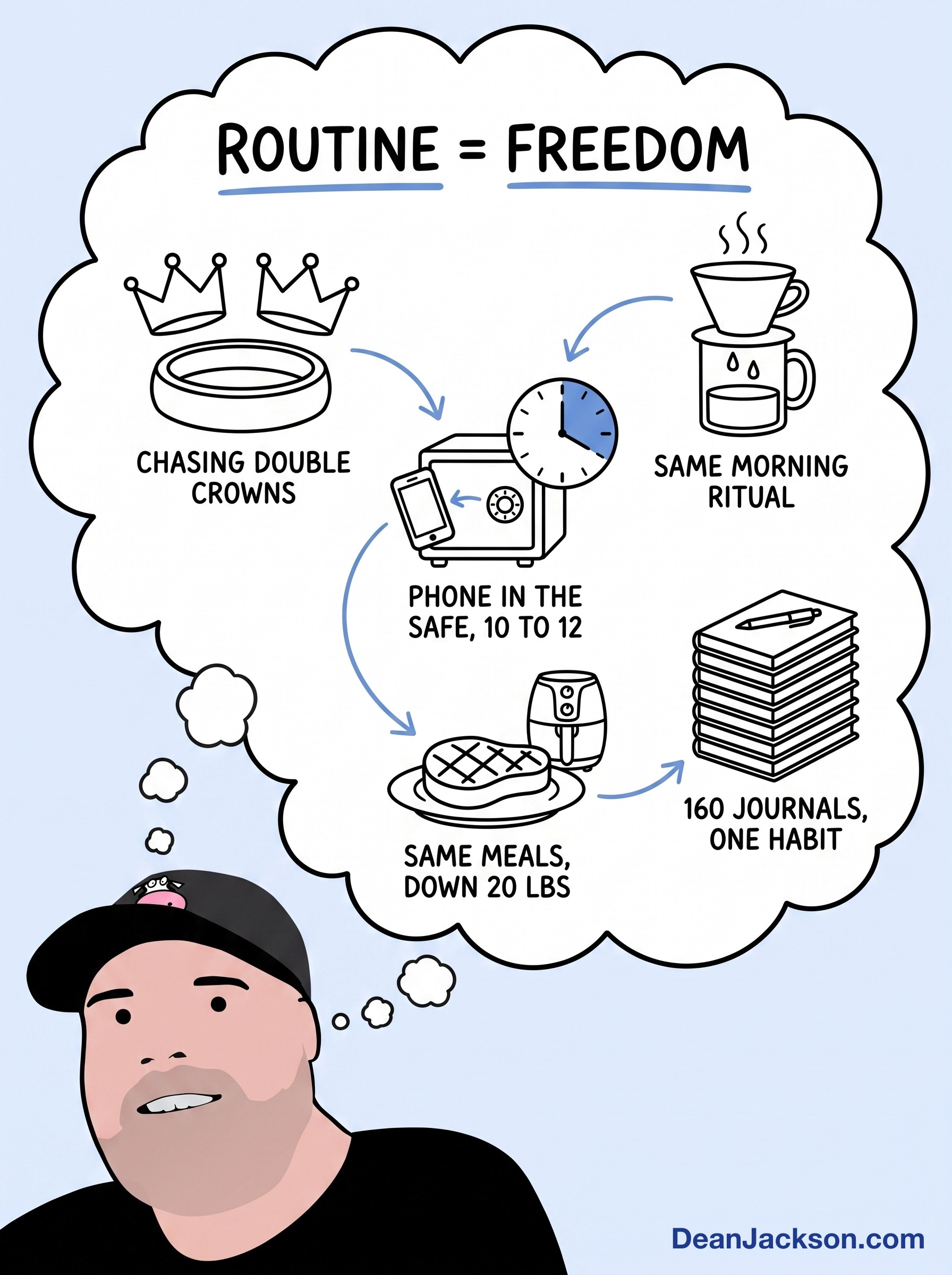 Episode 40 at a glance: The More Routine My Life Gets, The More Freedom I Have. Key ideas illustrated as stick figures