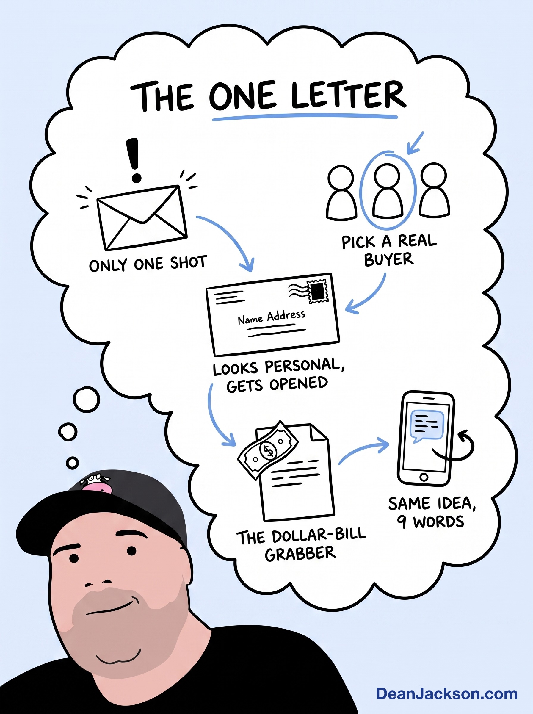 Episode 41 at a glance: If My Life Depended on One Letter, Here's Exactly What I'd Send. Key ideas illustrated as stick figures