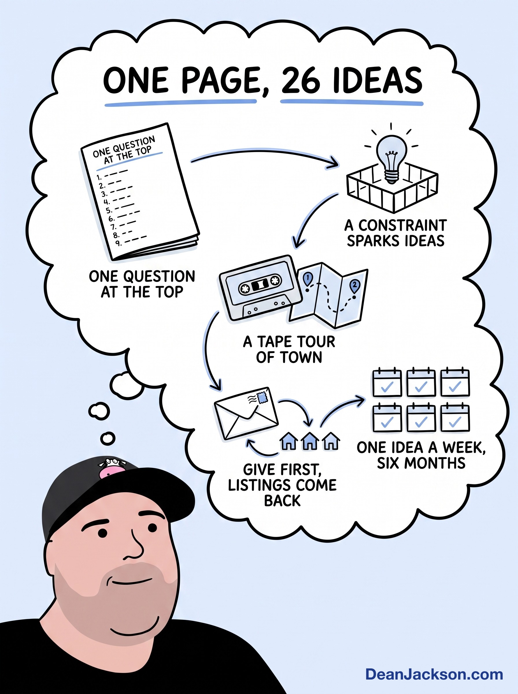 Episode 42 at a glance: How to Get 6 Months of Marketing Ideas for Your Business on One Page. Key ideas illustrated as stick figures