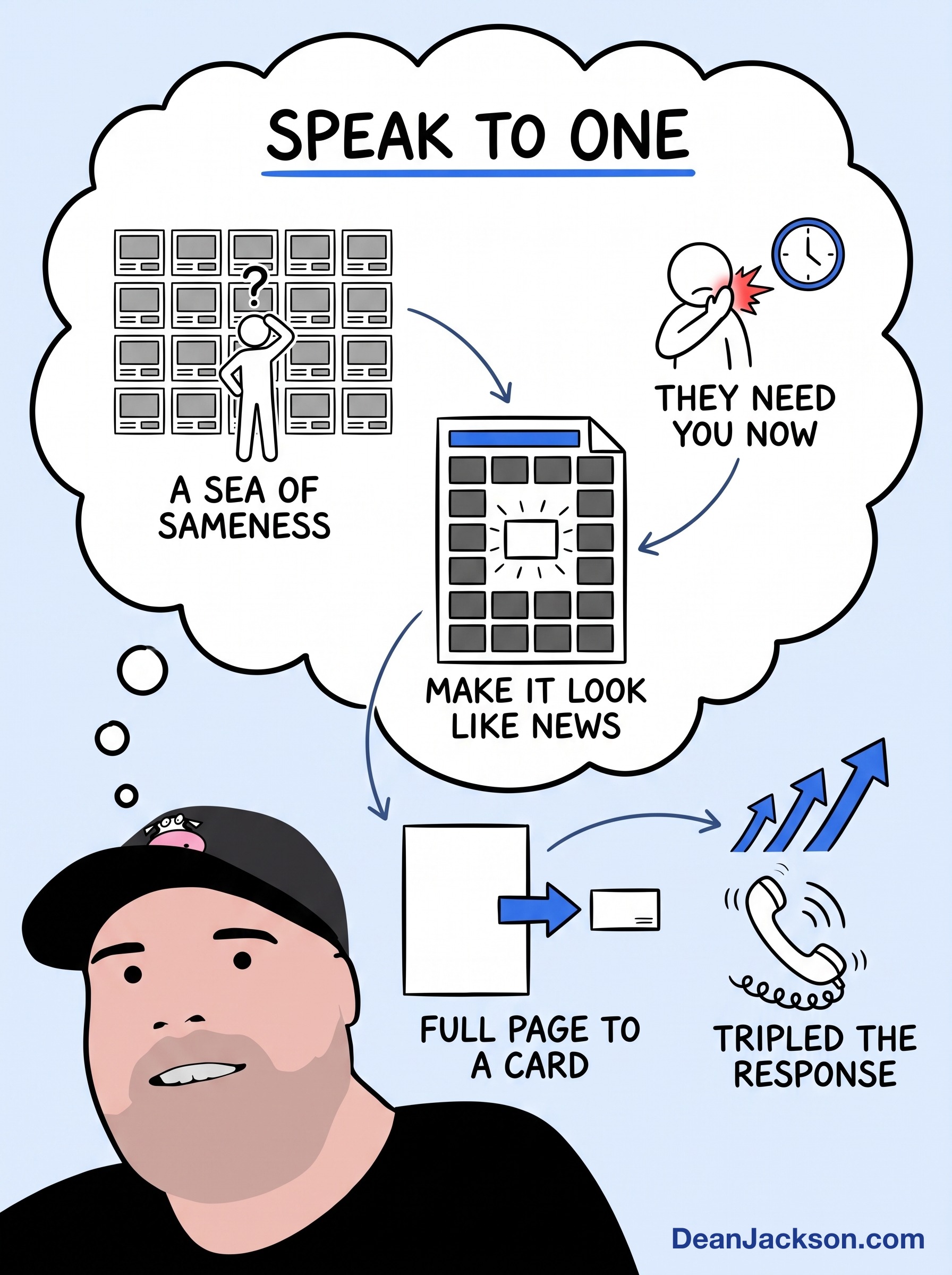 Episode 45 at a glance: This Idea Cut Ad Spend By 87%... And Tripled The Response. Key ideas illustrated as stick figures