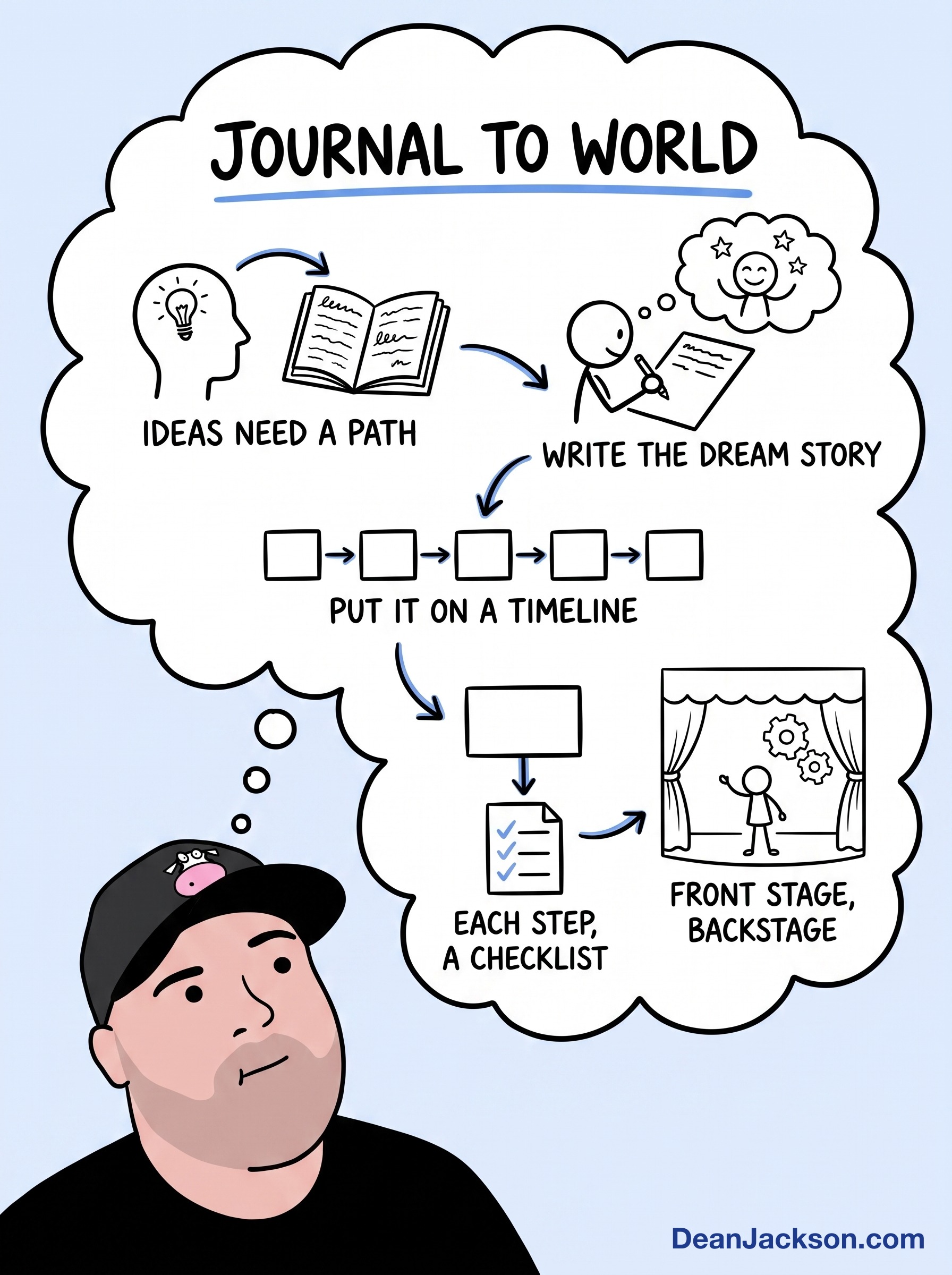 Episode 46 at a glance: How I Get Ideas From My Head, to My Journal, to the World. Key ideas illustrated as stick figures