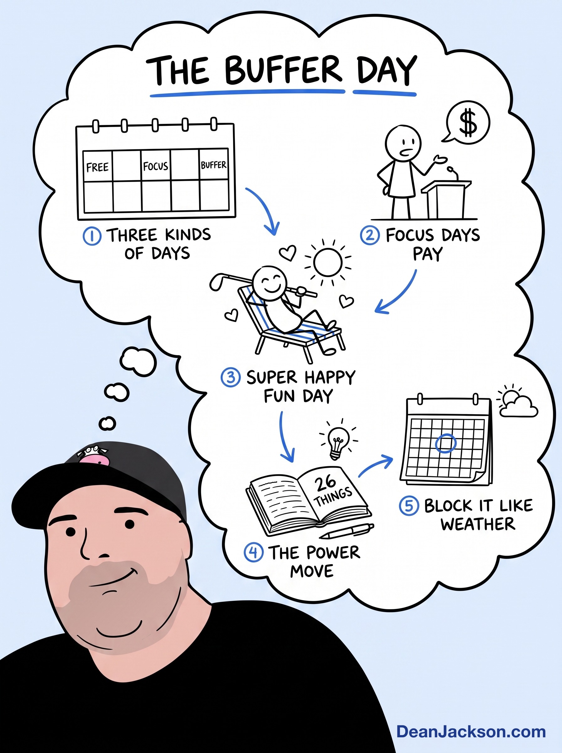 Episode 49 at a glance: The Most Underrated Day in Your Week. Key ideas illustrated as stick figures