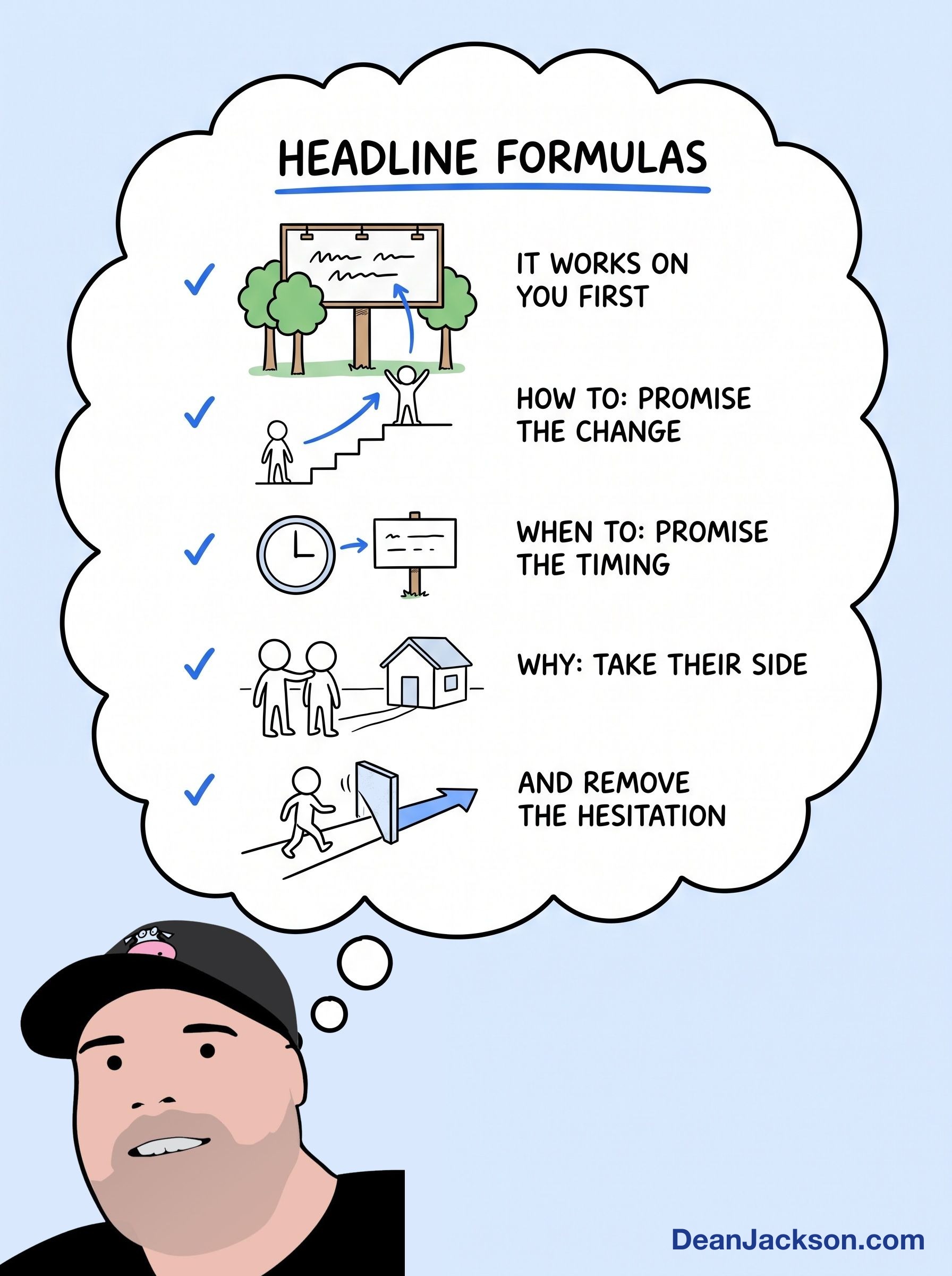 Episode 69 at a glance: How to Write Headlines That Attract Your Very Best Prospects [Samples Inside]. Key ideas illustrated as stick figures