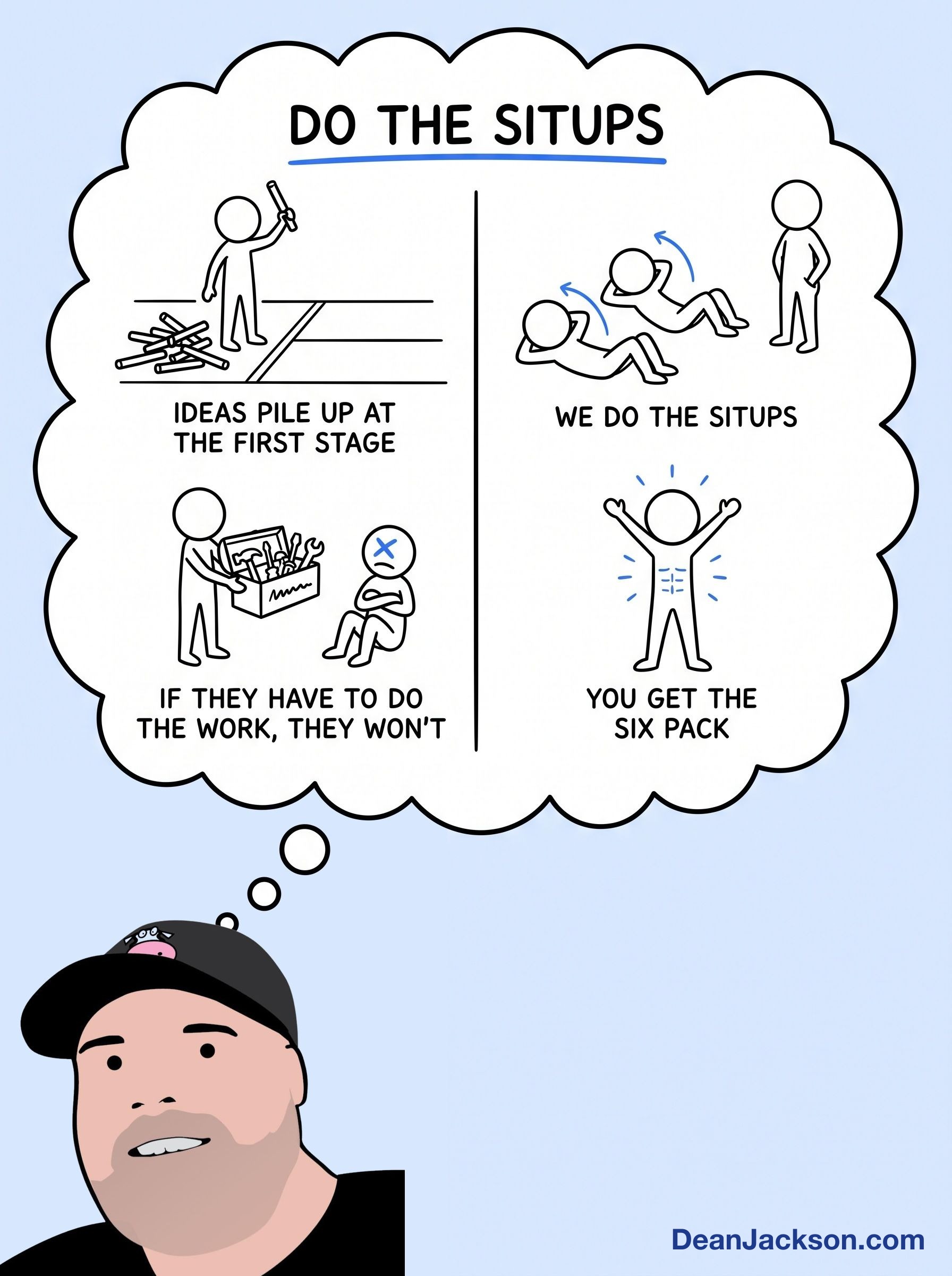 Episode 82 at a glance: If You Have Great Ideas But Struggle to Execute Them, Watch This. Key ideas illustrated as stick figures