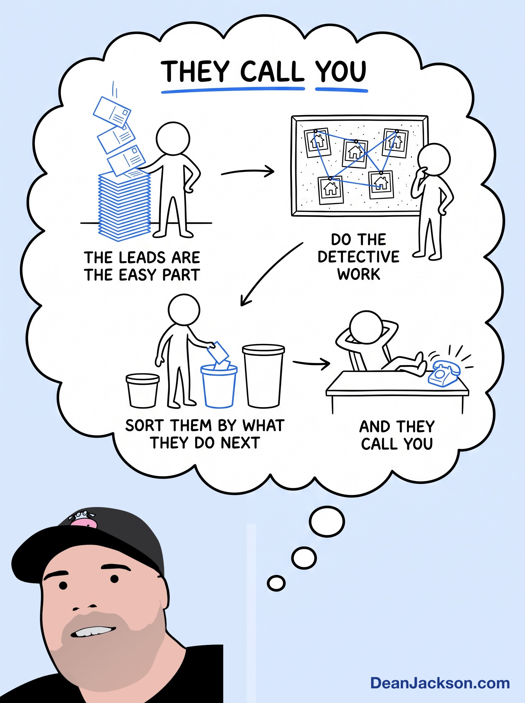 Episode 100 at a glance: How to Get Your Buyers to Call You Instead of Chasing Them. Key ideas illustrated as stick figures