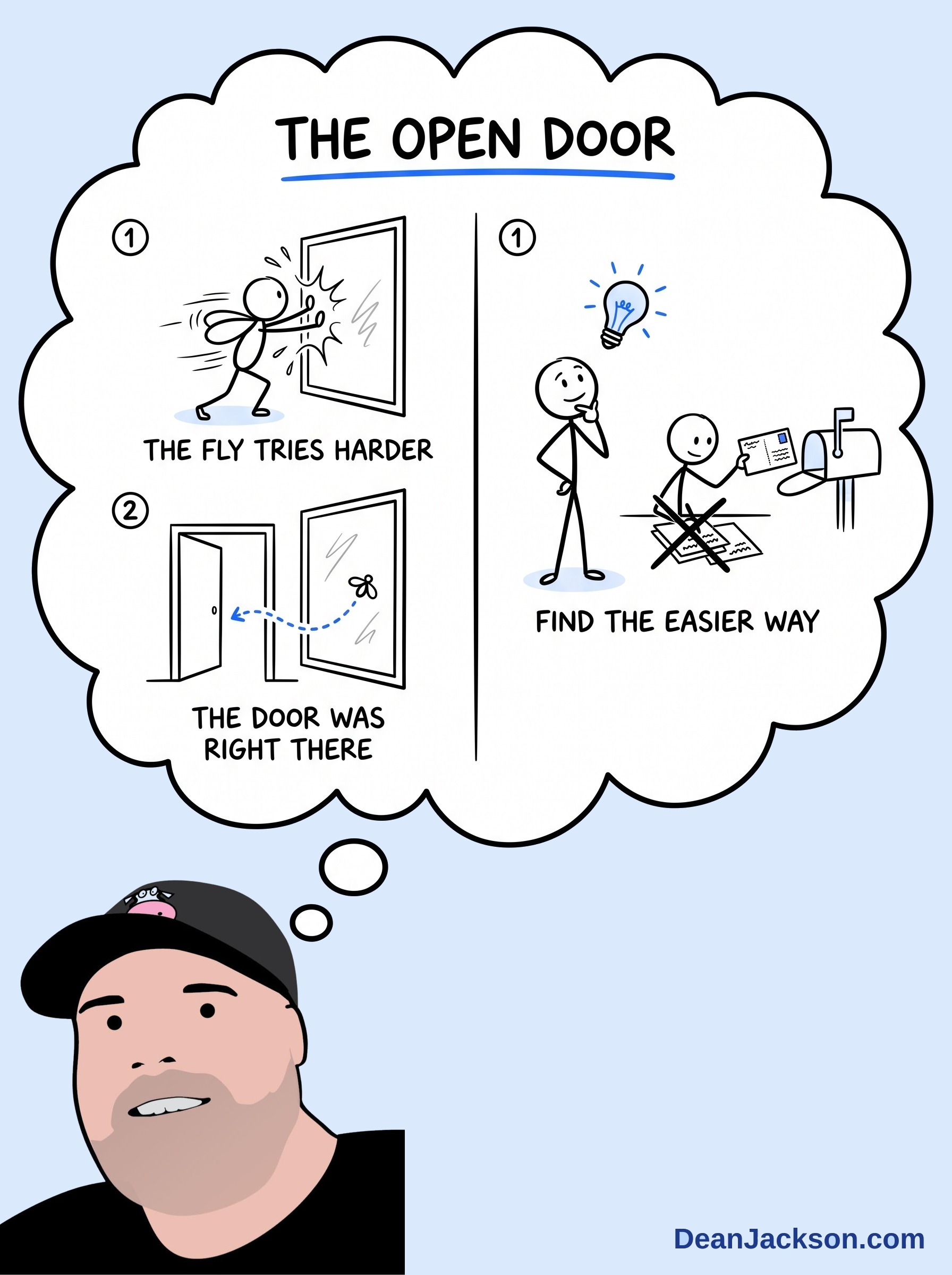 Episode 104 at a glance: Why Trying Harder Isn't The Answer. Key ideas illustrated as stick figures