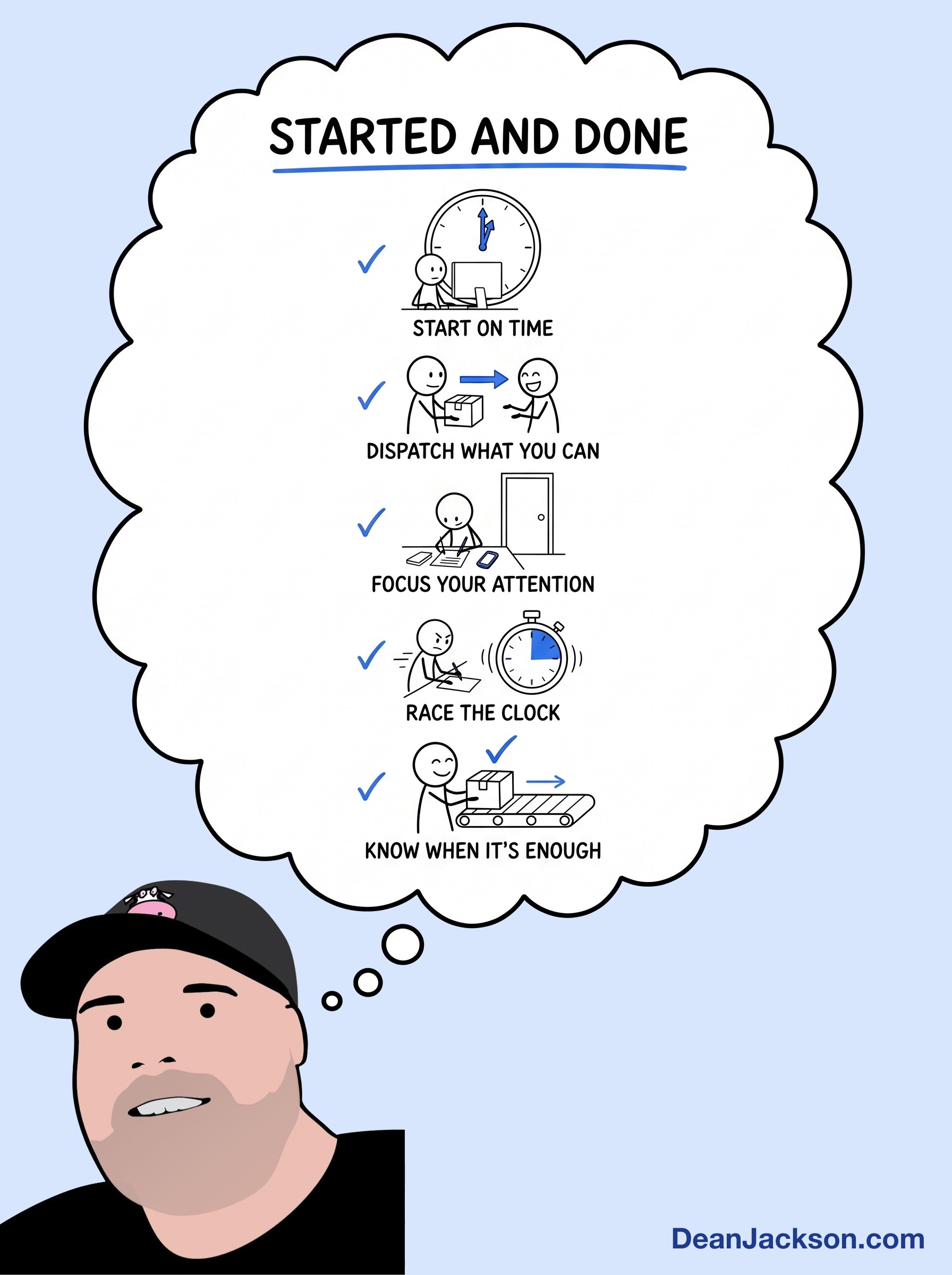 Episode 120 at a glance: How to quickly get anything started (and done). Key ideas illustrated as stick figures