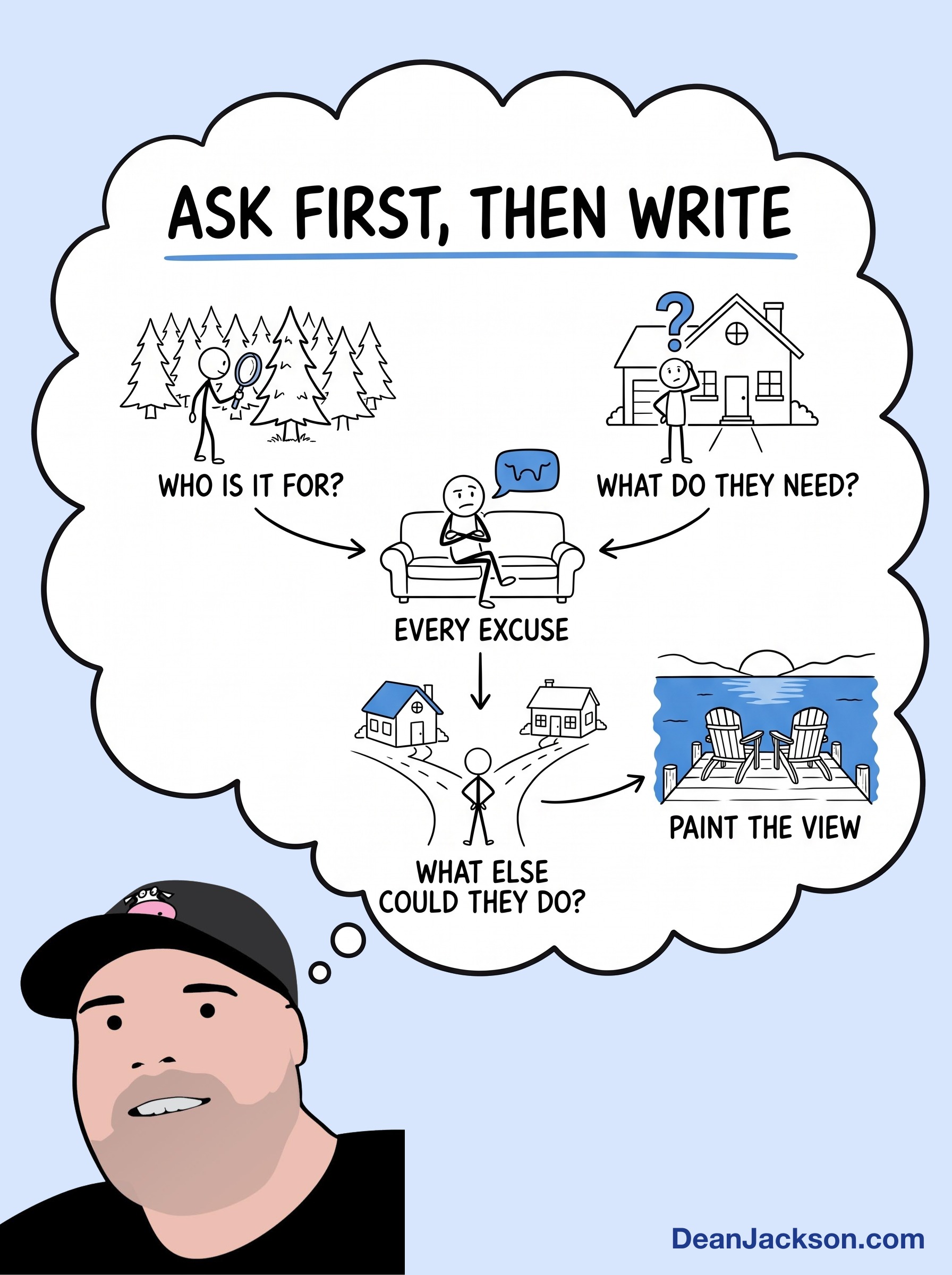 Episode 122 at a glance: How I start every ad, letter, postcard or marketing piece. Key ideas illustrated as stick figures
