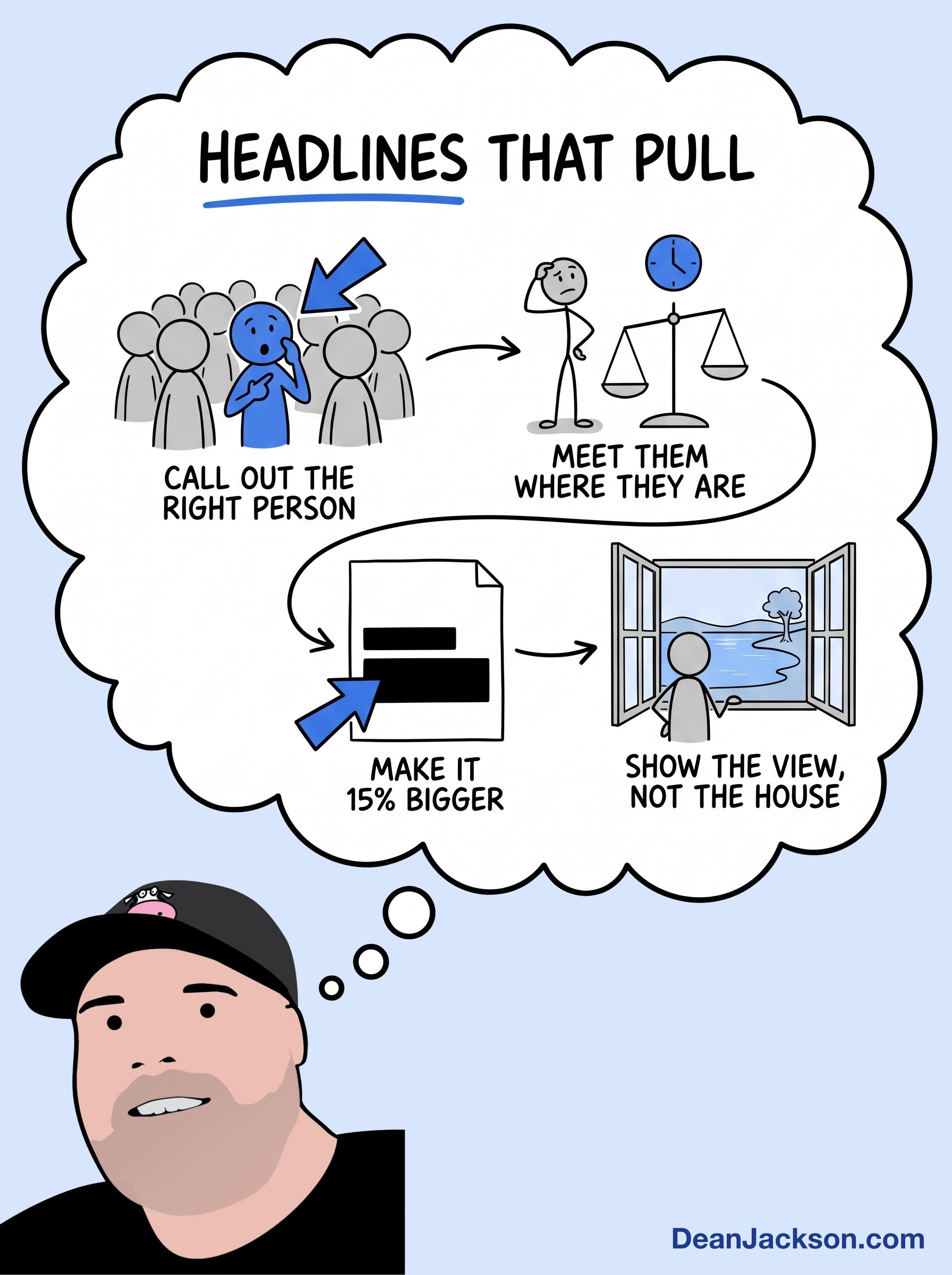 Episode 126 at a glance: How to write the headlines real prospects can't resist. Key ideas illustrated as stick figures