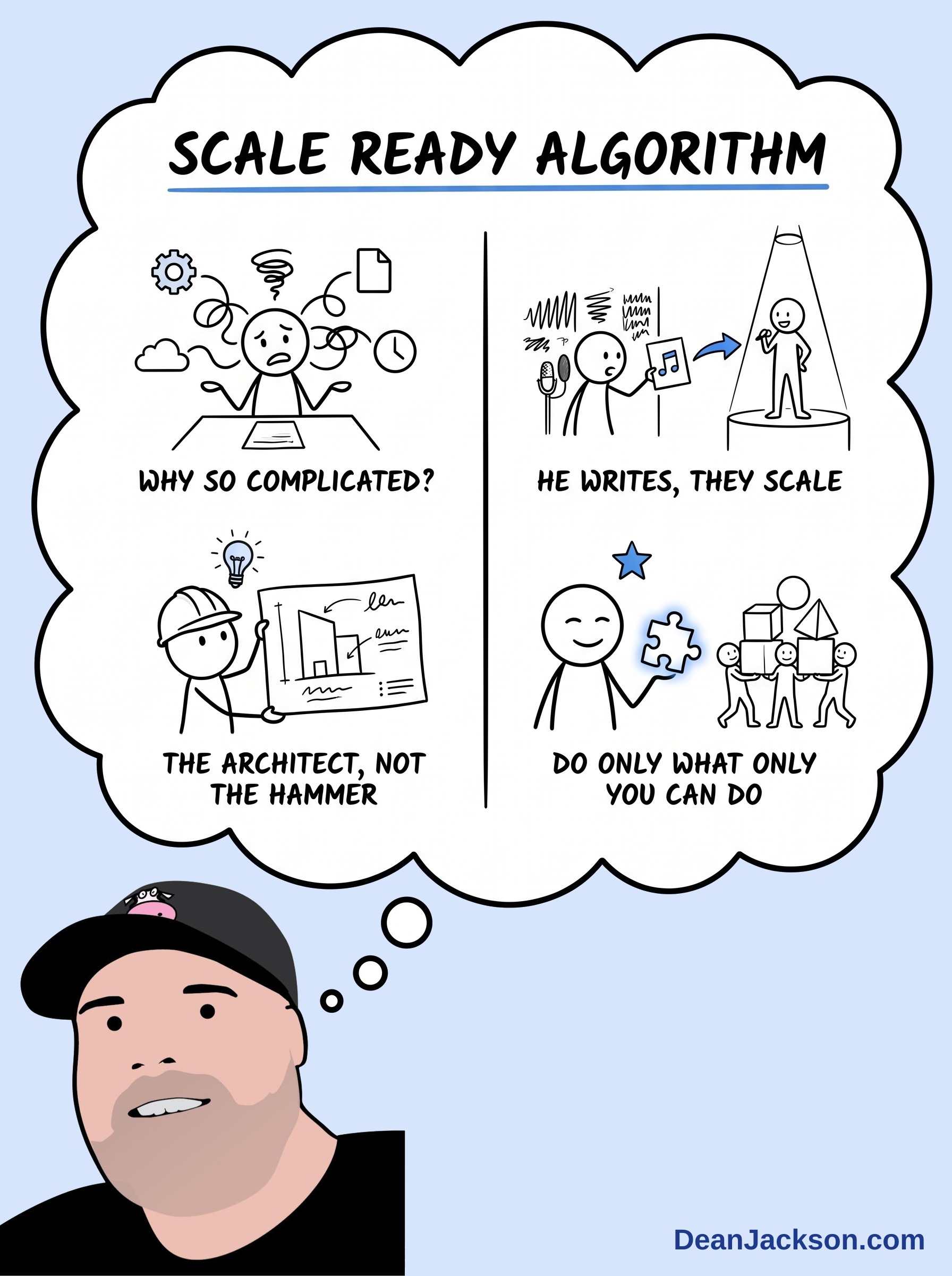 Episode 139 at a glance: Why do you make your life complicated?. Key ideas illustrated as stick figures